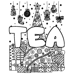 Coloración del nombre TEA - decorado árbol de Navidad y regalos