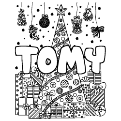 Dibujo para colorear TOMY - decorado &aacute;rbol de Navidad y regalos