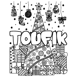 Dibujo para colorear TOUFIK - decorado &aacute;rbol de Navidad y regalos