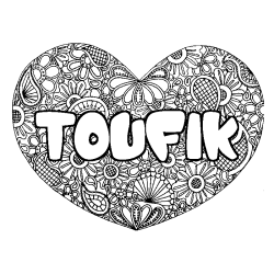 Coloración del nombre TOUFIK - decorado mandala de corazón