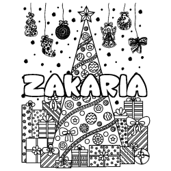 Dibujo para colorear ZAKARIA - decorado &aacute;rbol de Navidad y regalos